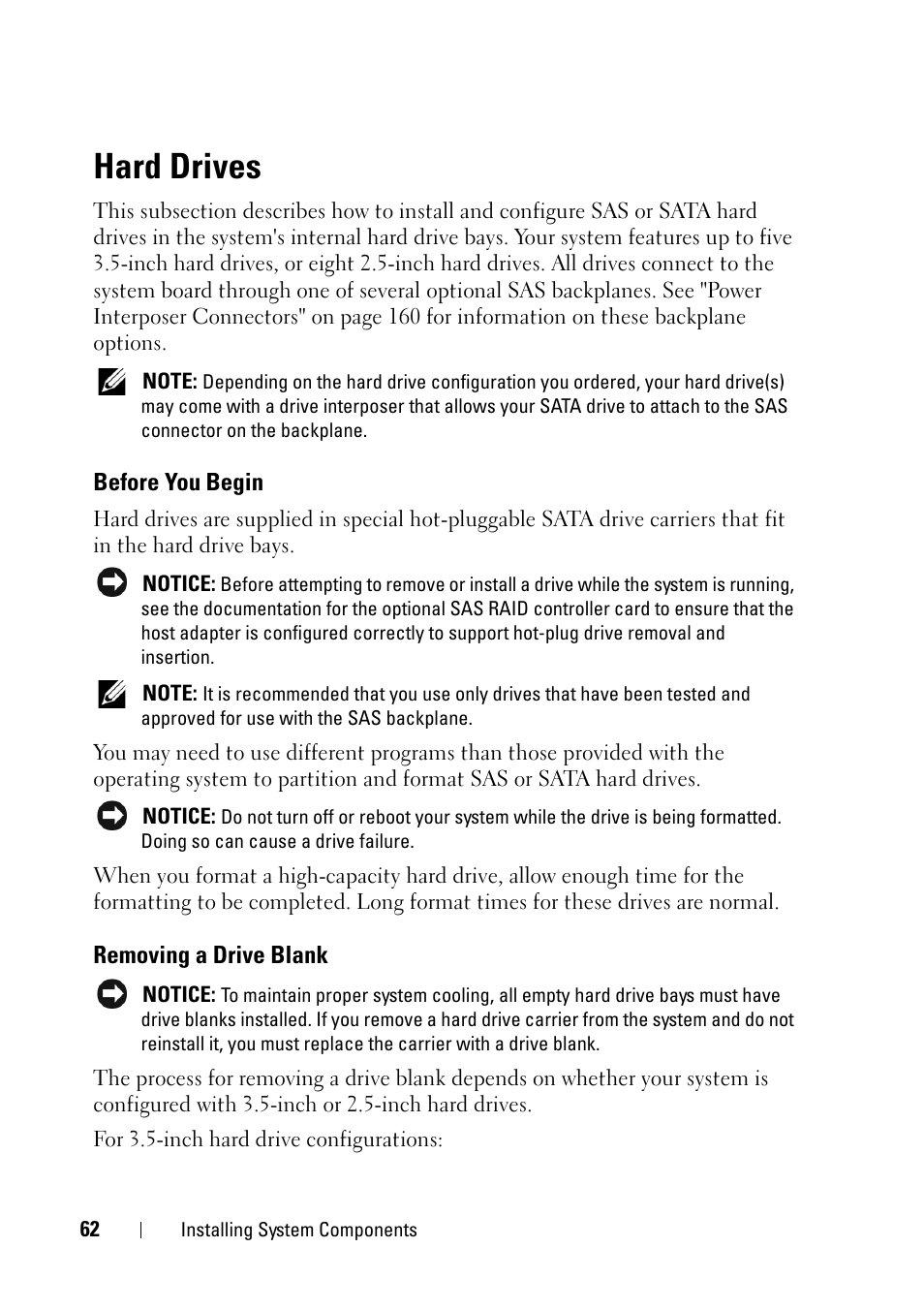 Hard drives, Before you begin, Removing a drive blank | Dell PowerEdge R900 User Manual | Page 62 / 190