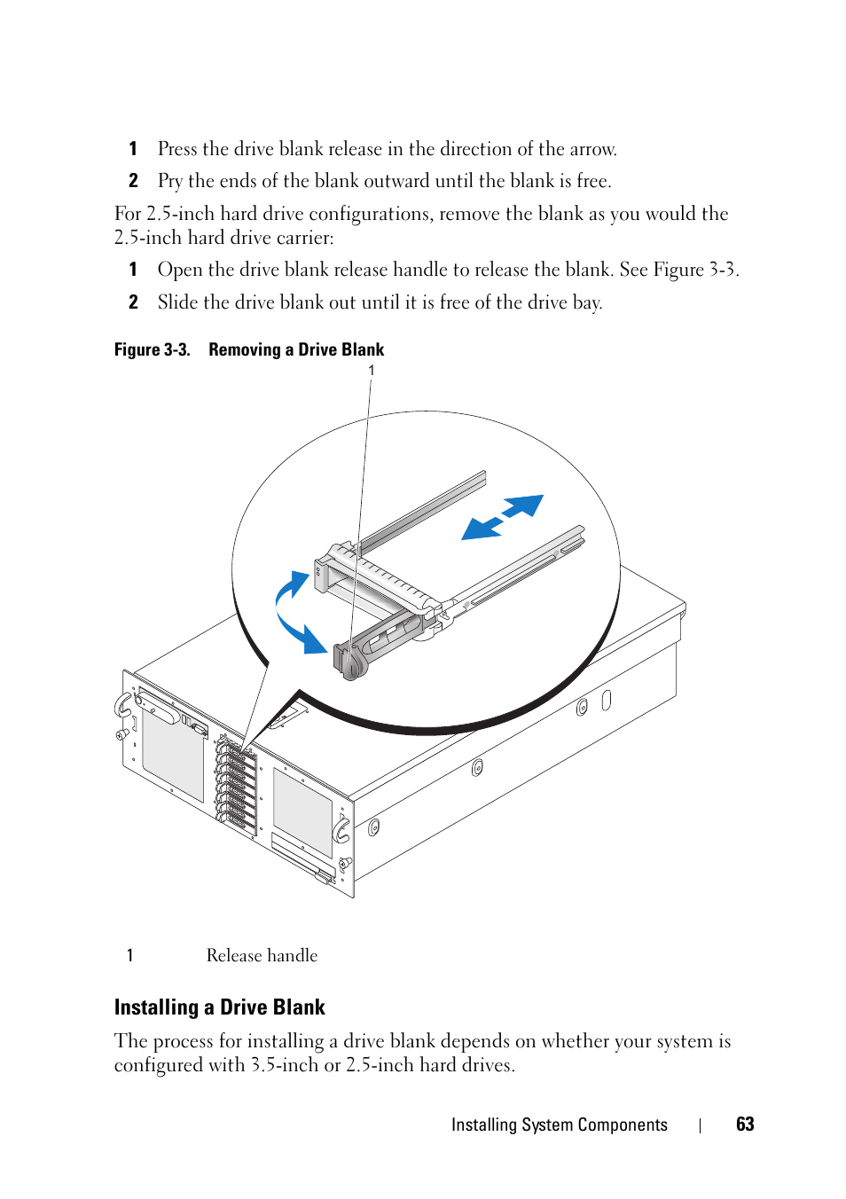 Installing a drive blank | Dell PowerEdge R900 User Manual | Page 63 / 190