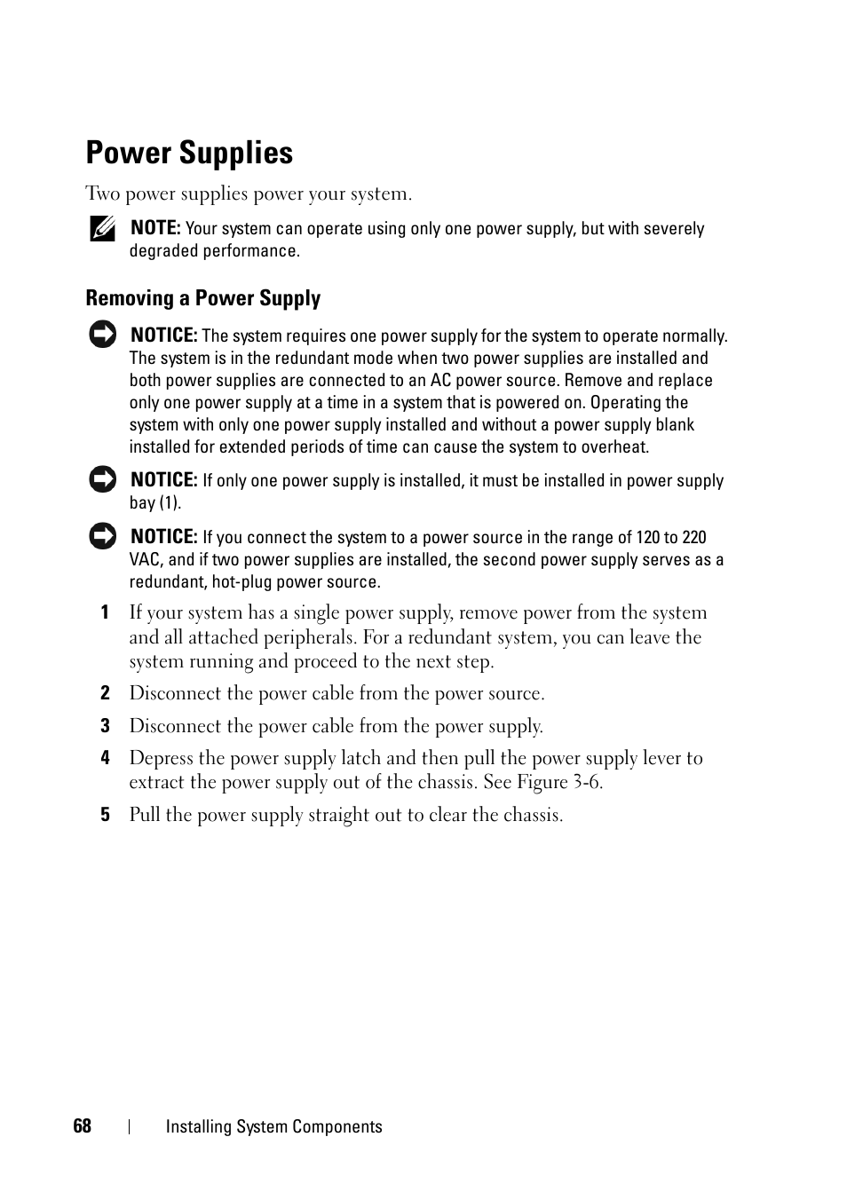 Power supplies, Removing a power supply | Dell PowerEdge R900 User Manual | Page 68 / 190