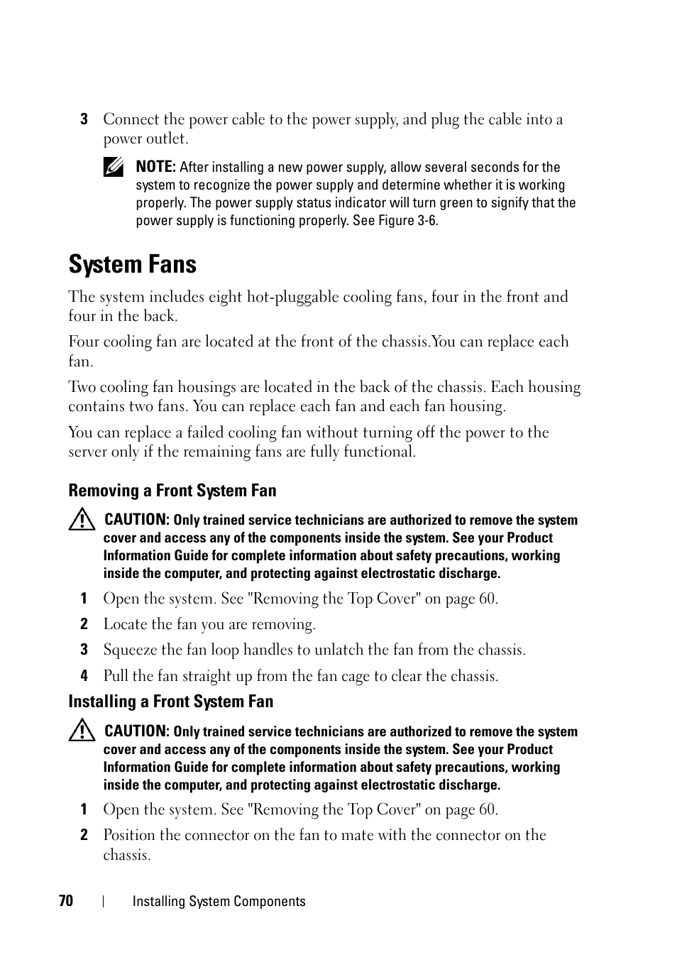 System fans, Removing a front system fan | Dell PowerEdge R900 User Manual | Page 70 / 190