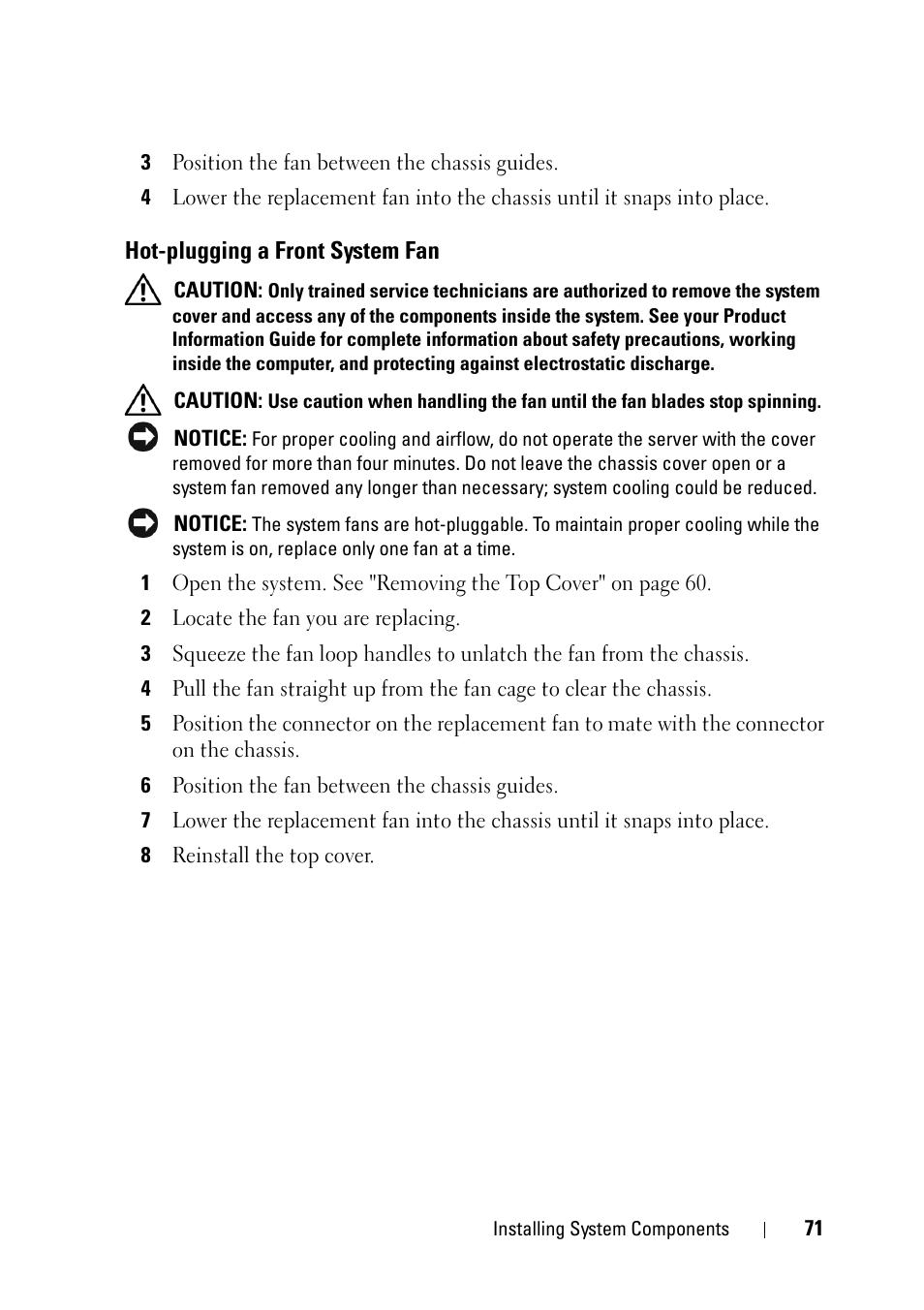 Hot-plugging a front system fan | Dell PowerEdge R900 User Manual | Page 71 / 190