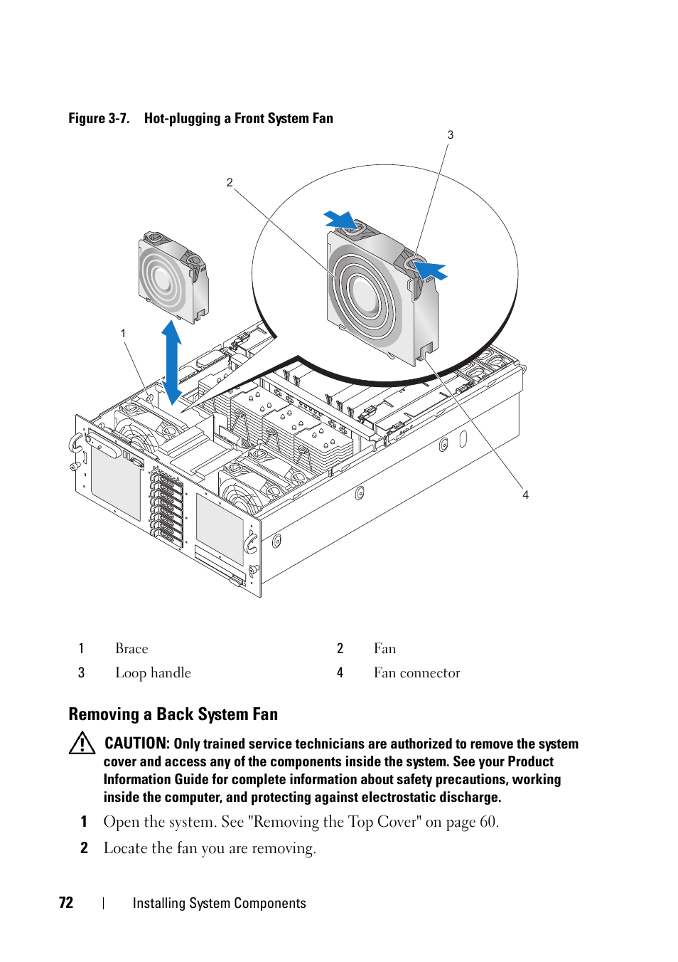 Removing a back system fan | Dell PowerEdge R900 User Manual | Page 72 / 190