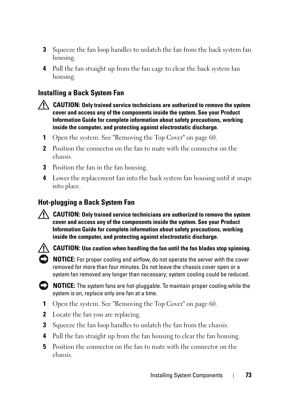 Installing a back system fan, Hot-plugging a back system fan | Dell PowerEdge R900 User Manual | Page 73 / 190