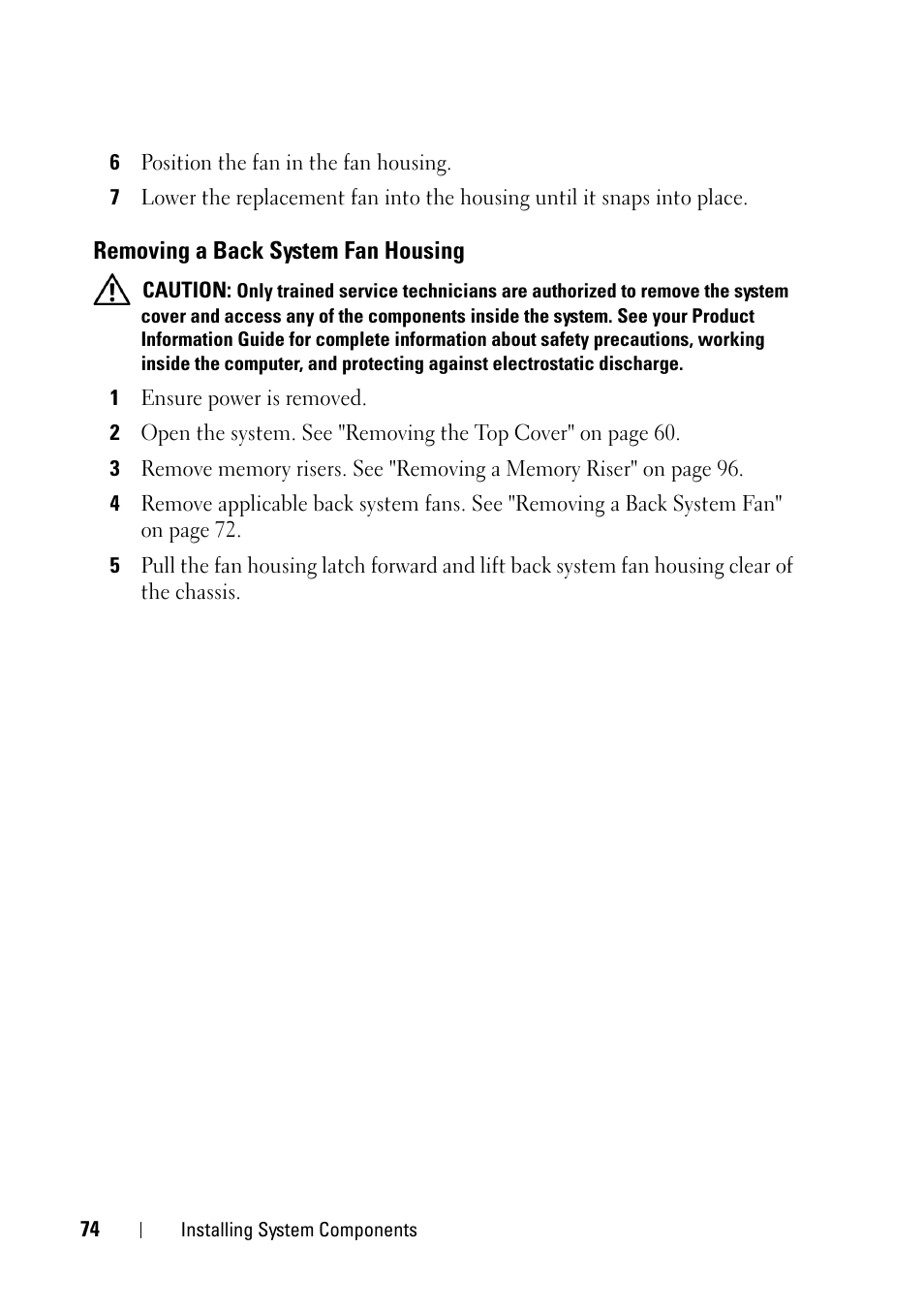 Removing a back system fan housing | Dell PowerEdge R900 User Manual | Page 74 / 190