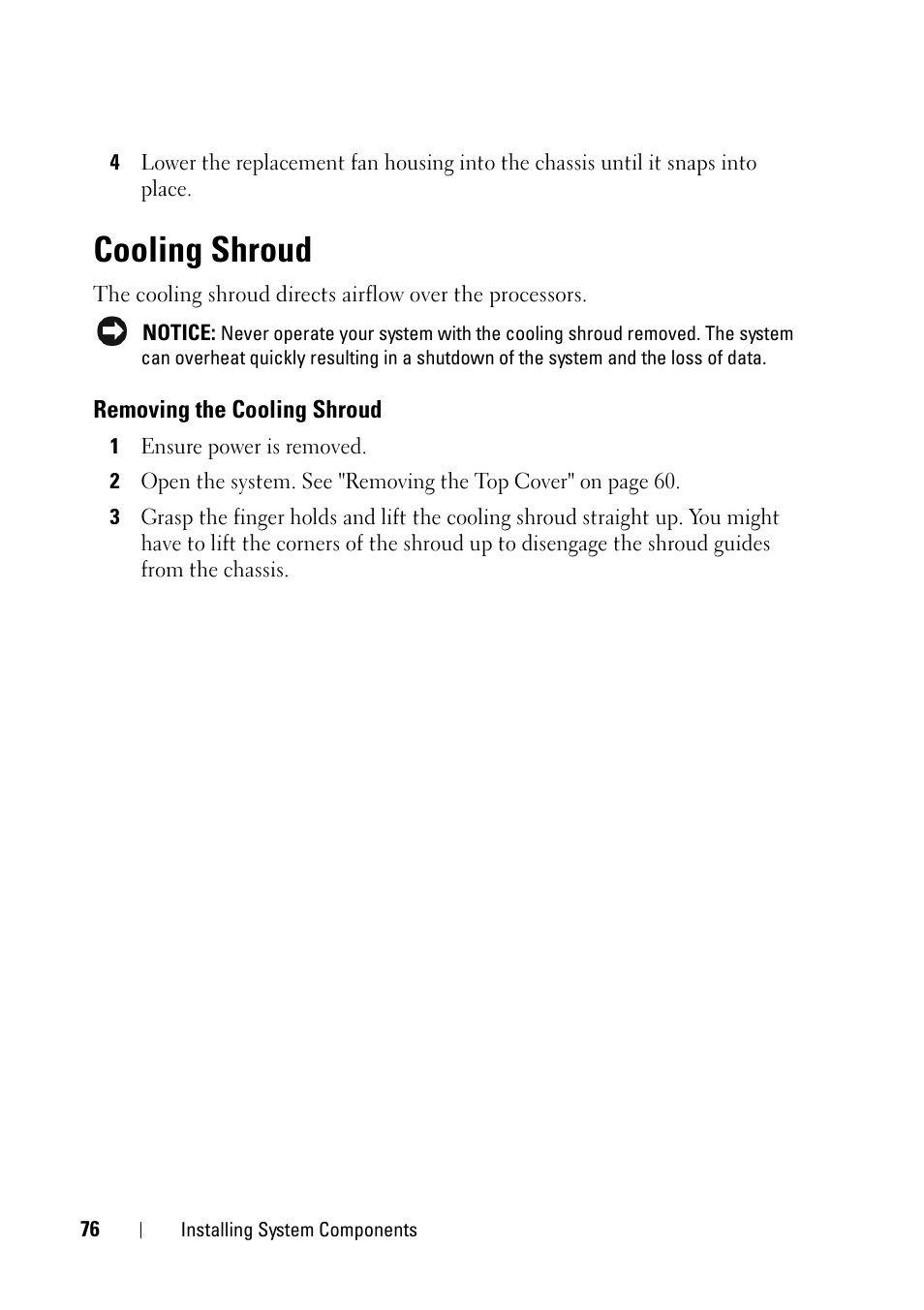 Cooling shroud, Removing the cooling shroud | Dell PowerEdge R900 User Manual | Page 76 / 190