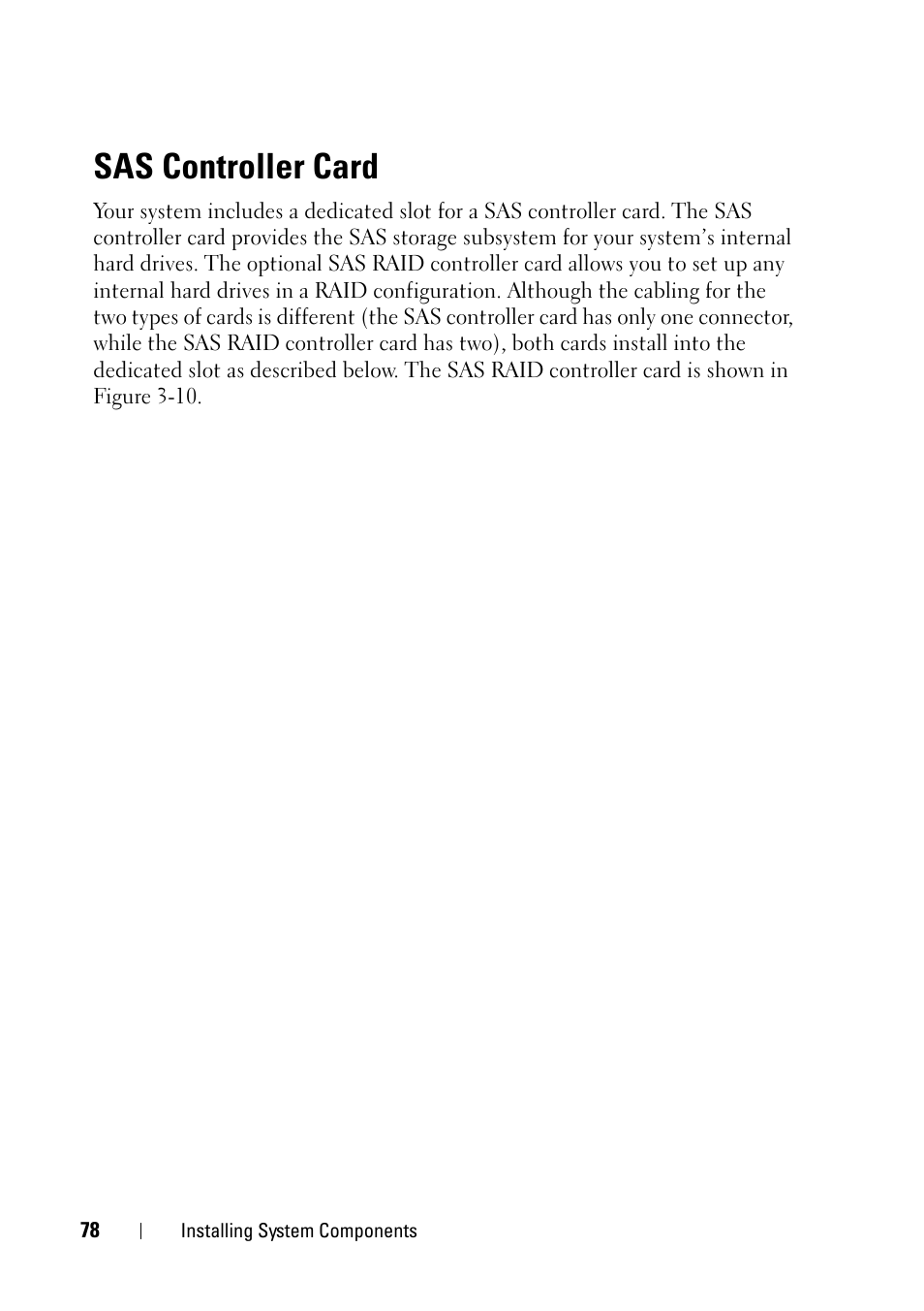 Sas controller card, Sas controller | Dell PowerEdge R900 User Manual | Page 78 / 190