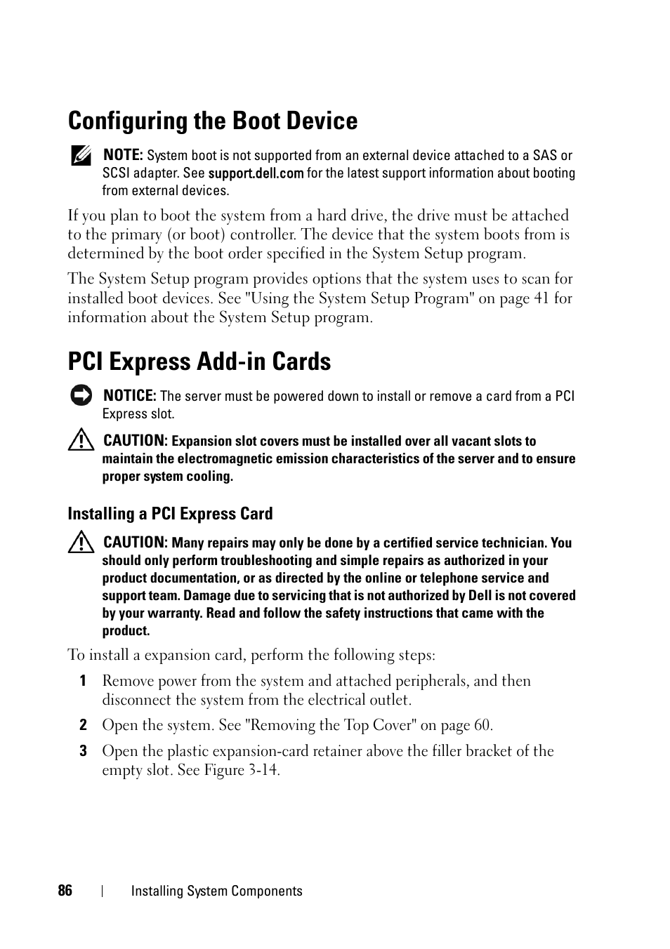 Configuring the boot device, Pci express add-in cards, Installing a pci express card | Dell PowerEdge R900 User Manual | Page 86 / 190