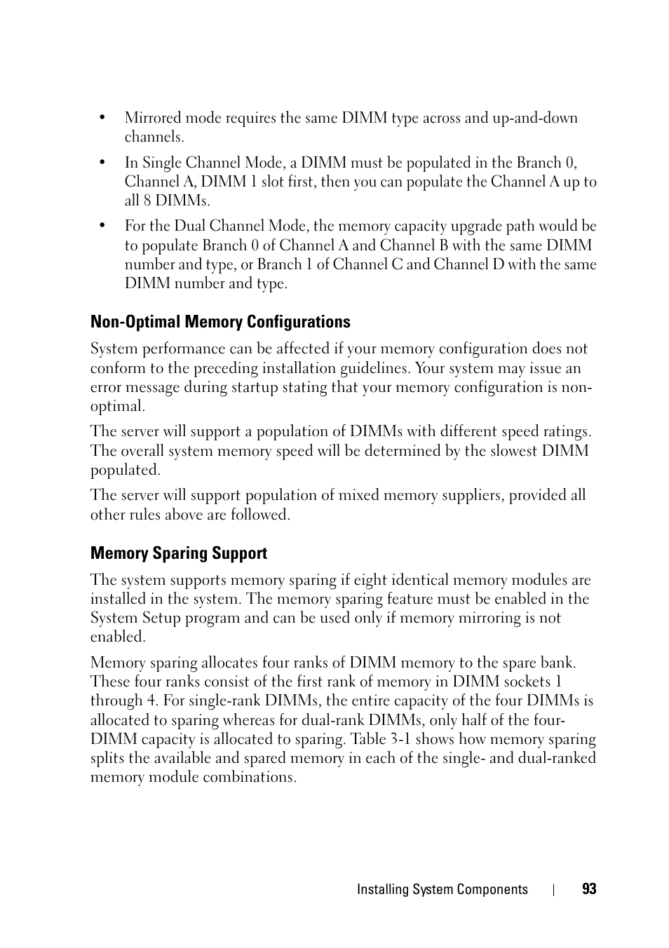 Non-optimal memory configurations, Memory sparing support | Dell PowerEdge R900 User Manual | Page 93 / 190