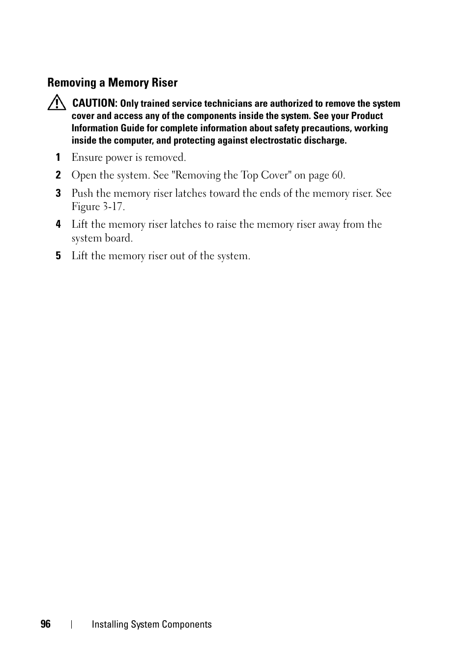 Removing a memory riser | Dell PowerEdge R900 User Manual | Page 96 / 190