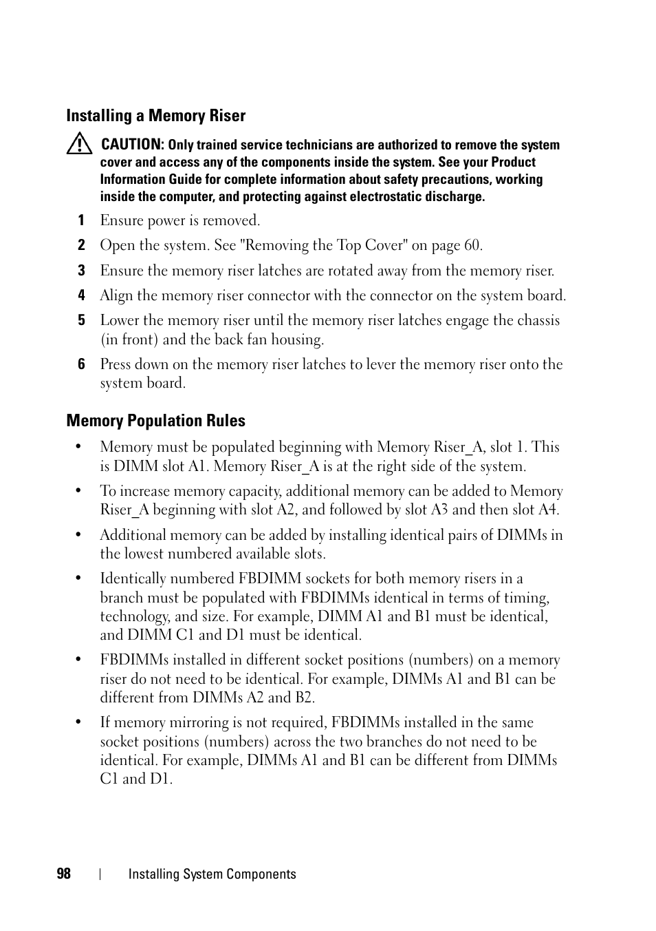 Installing a memory riser, Memory population rules | Dell PowerEdge R900 User Manual | Page 98 / 190