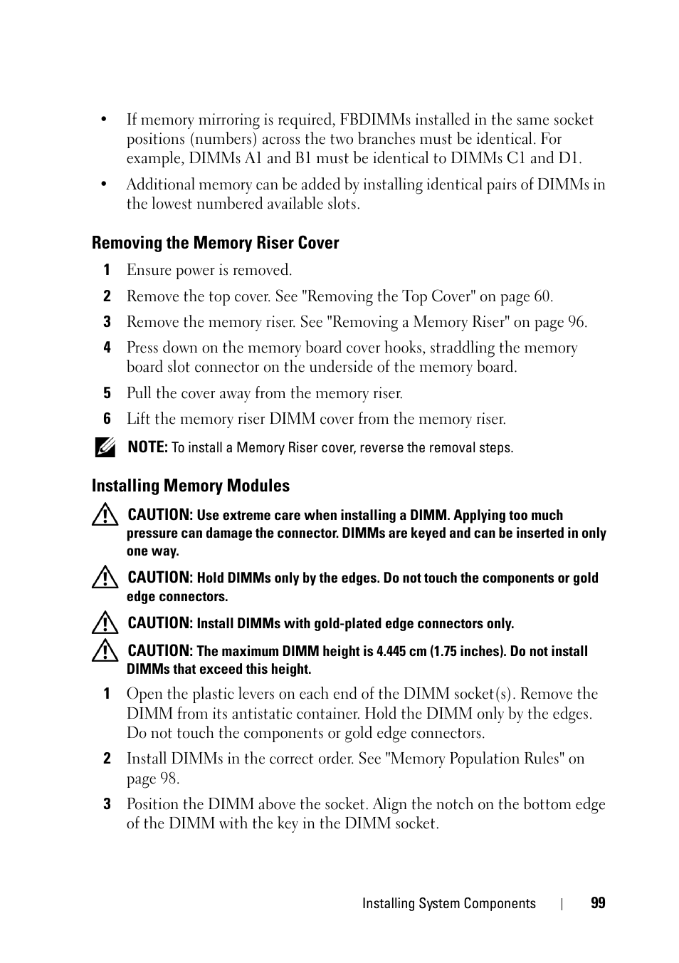 Removing the memory riser cover, Installing memory modules | Dell PowerEdge R900 User Manual | Page 99 / 190