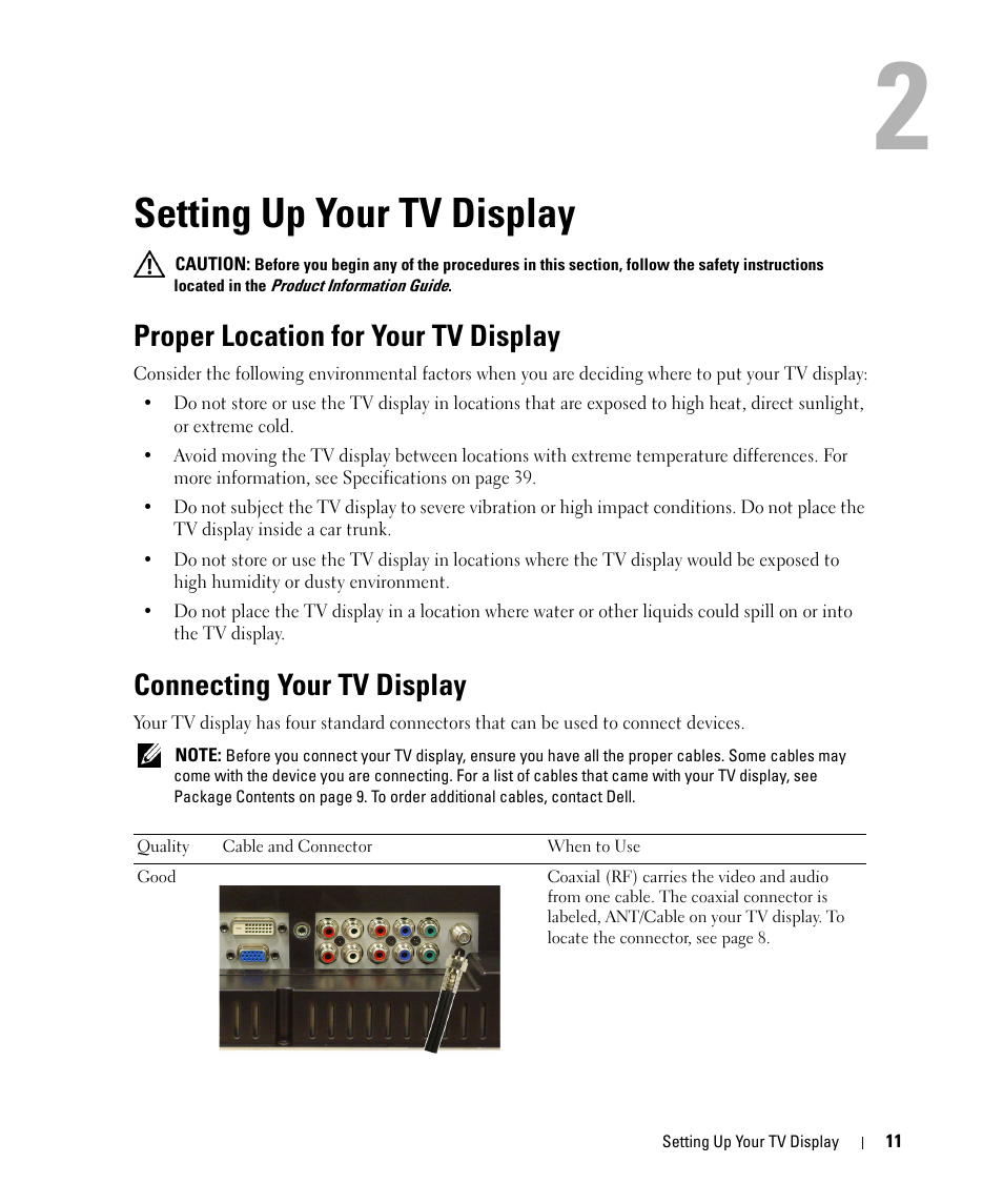 Setting up your tv display, Proper location for your tv display, Connecting your tv display | 2 setting up your tv display | Dell W1900 User Manual | Page 11 / 44