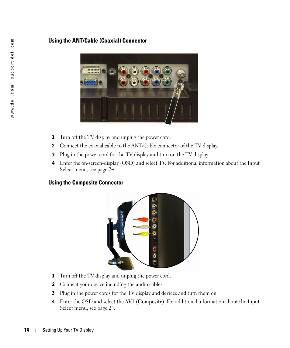 Using the ant/cable (coaxial) connector, Using the composite connector | Dell W1900 User Manual | Page 14 / 44