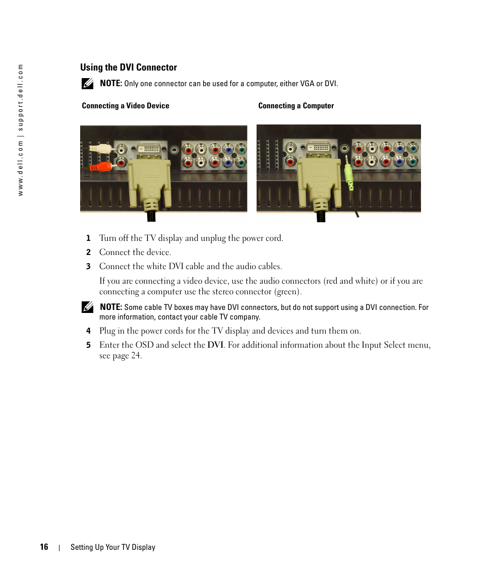 Using the dvi connector | Dell W1900 User Manual | Page 16 / 44