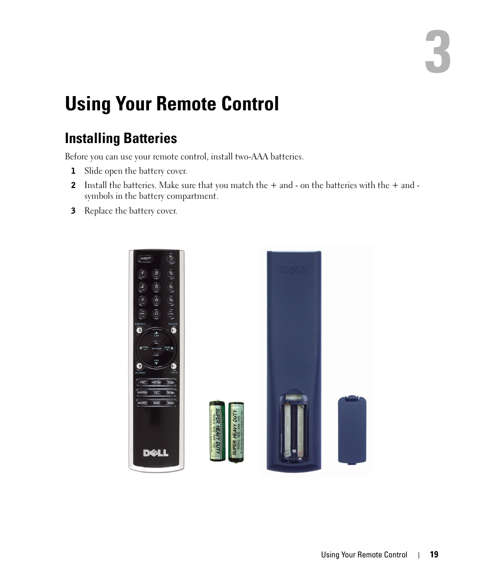 Using your remote control, Installing batteries, 3 using your remote control | Dell W1900 User Manual | Page 19 / 44