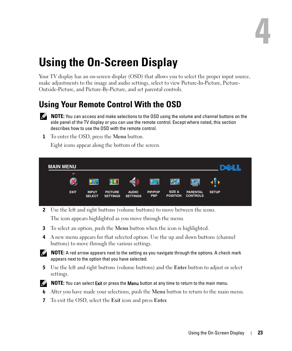 Using the on-screen display, Using your remote control with the osd, 4 using the on-screen display | Dell W1900 User Manual | Page 23 / 44