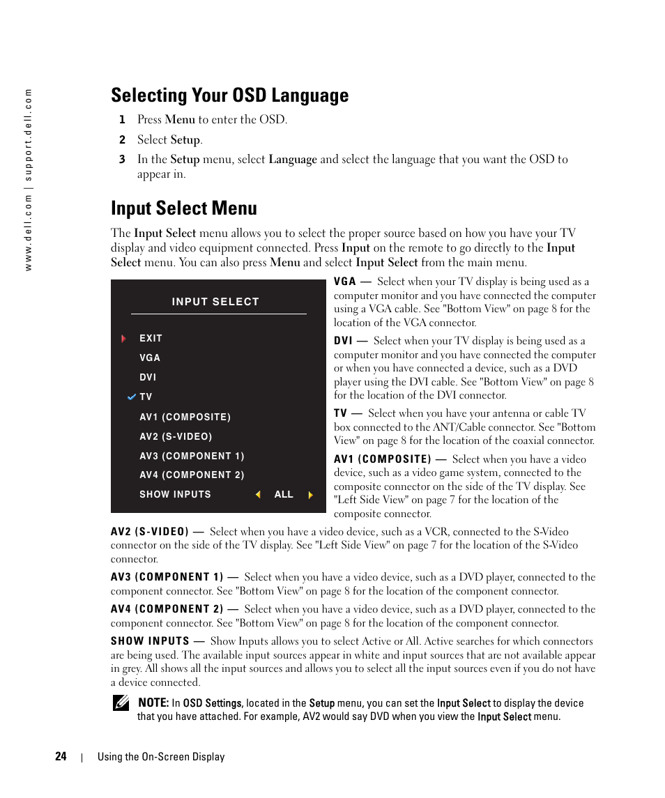 Selecting your osd language, Input select menu | Dell W1900 User Manual | Page 24 / 44