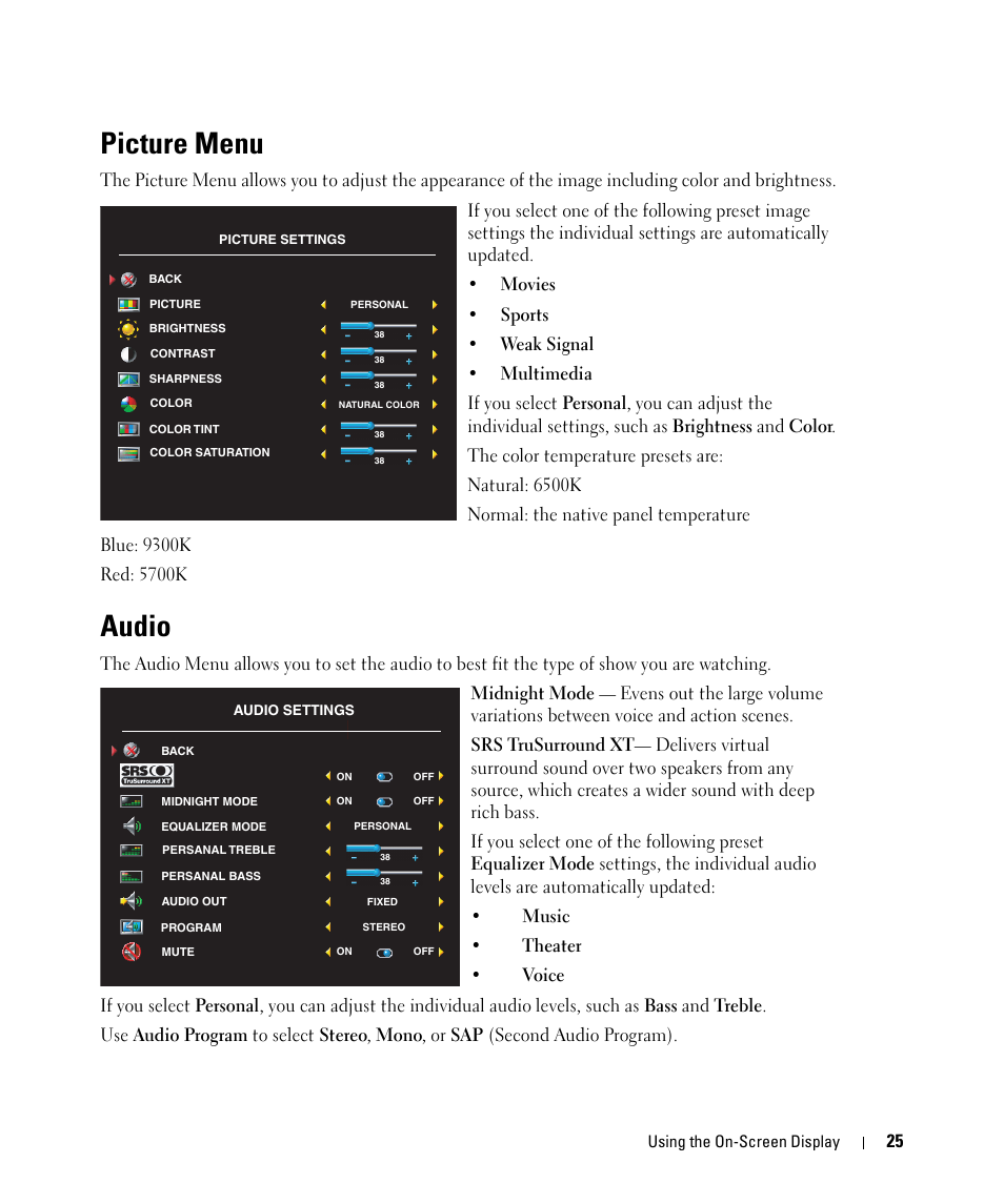 Picture menu, Audio | Dell W1900 User Manual | Page 25 / 44