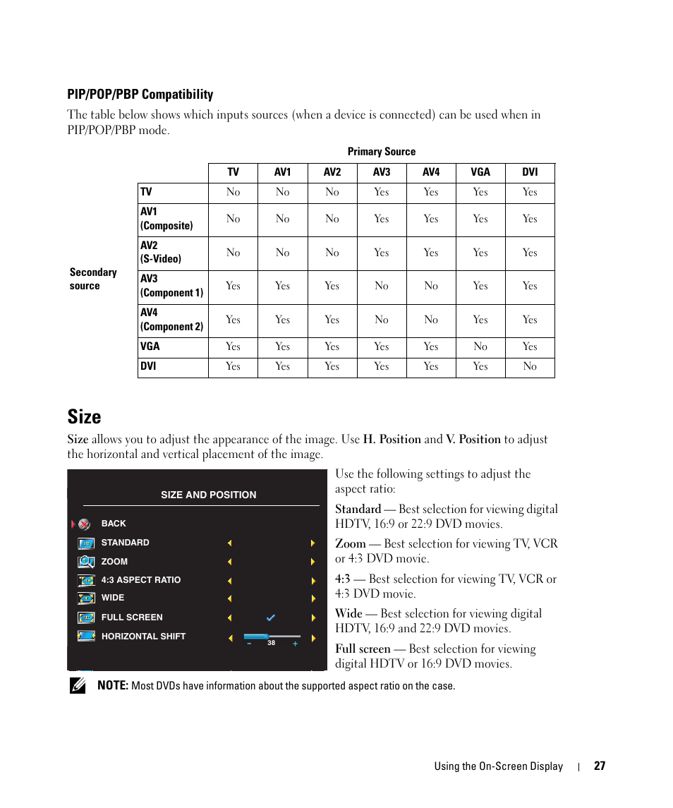 Size, Pip/pop/pbp compatibility | Dell W1900 User Manual | Page 27 / 44