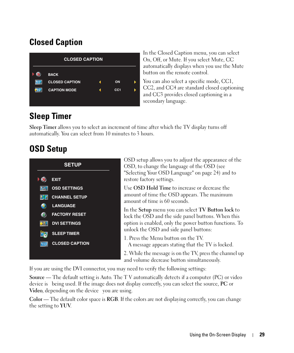 Closed caption, Sleep timer, Osd setup | Dell W1900 User Manual | Page 29 / 44