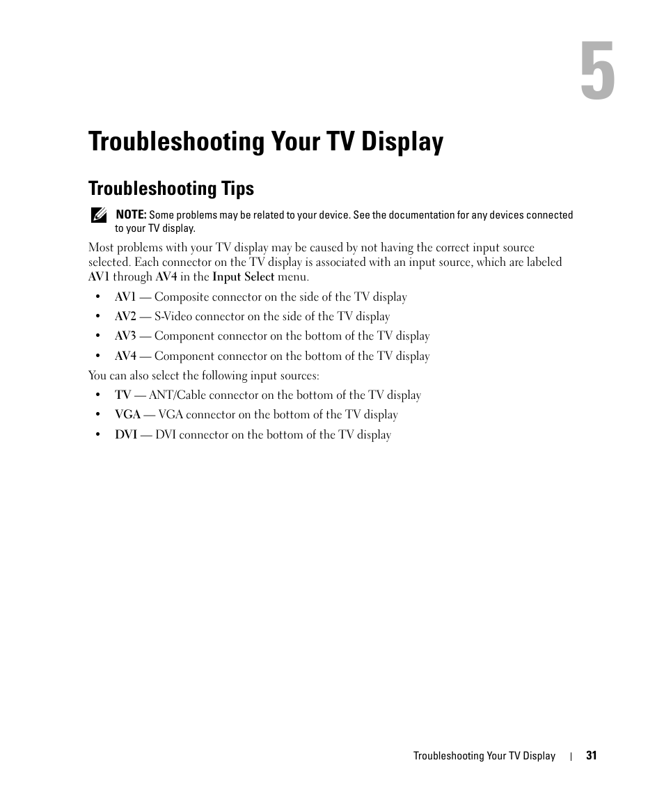 Troubleshooting your tv display, Troubleshooting tips, 5 troubleshooting your tv display | Dell W1900 User Manual | Page 31 / 44