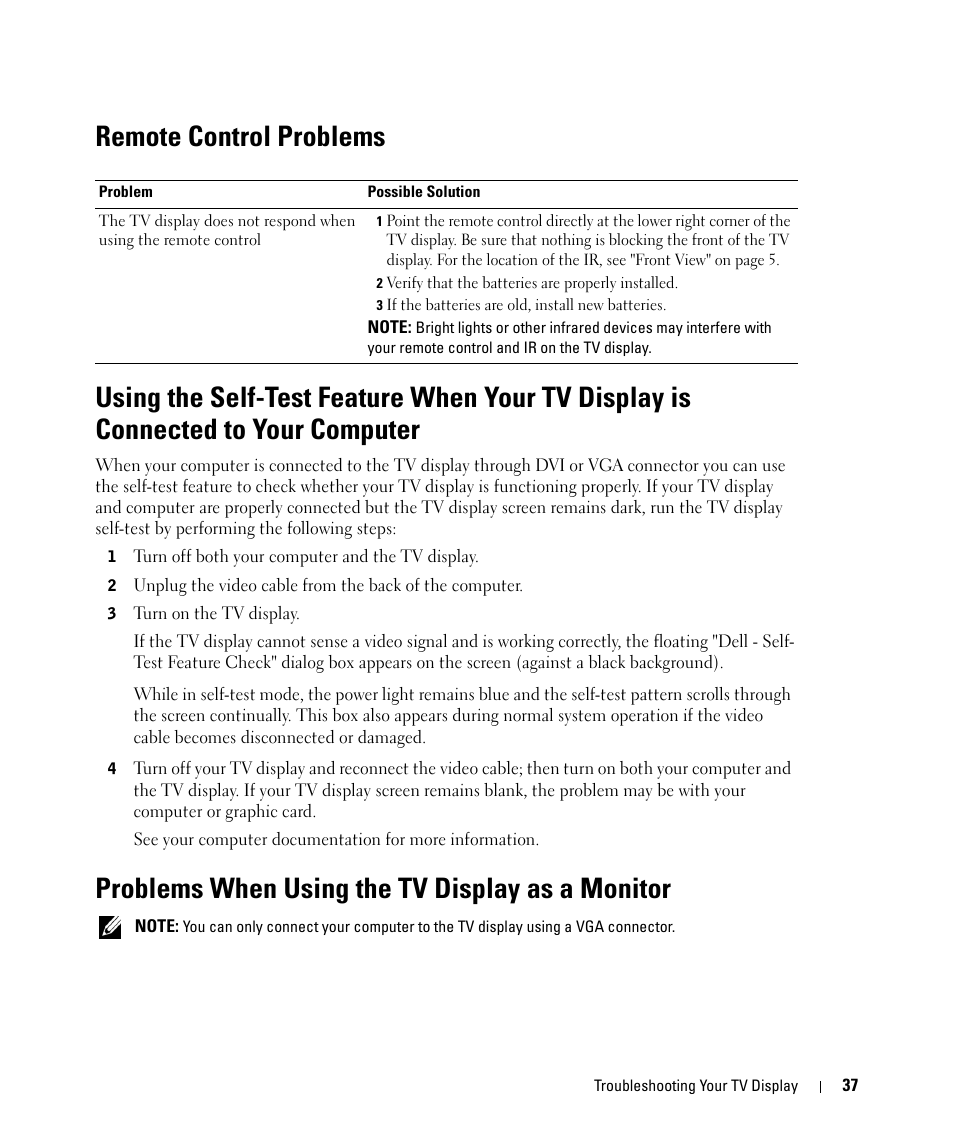 Remote control problems, Problems when using the tv display as a monitor | Dell W1900 User Manual | Page 37 / 44