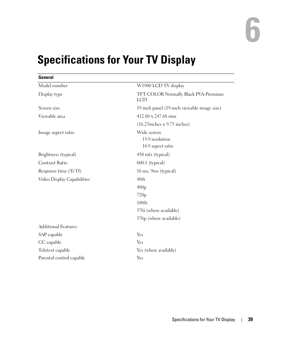 Specifications for your tv display, 6 specifications for your tv display | Dell W1900 User Manual | Page 39 / 44