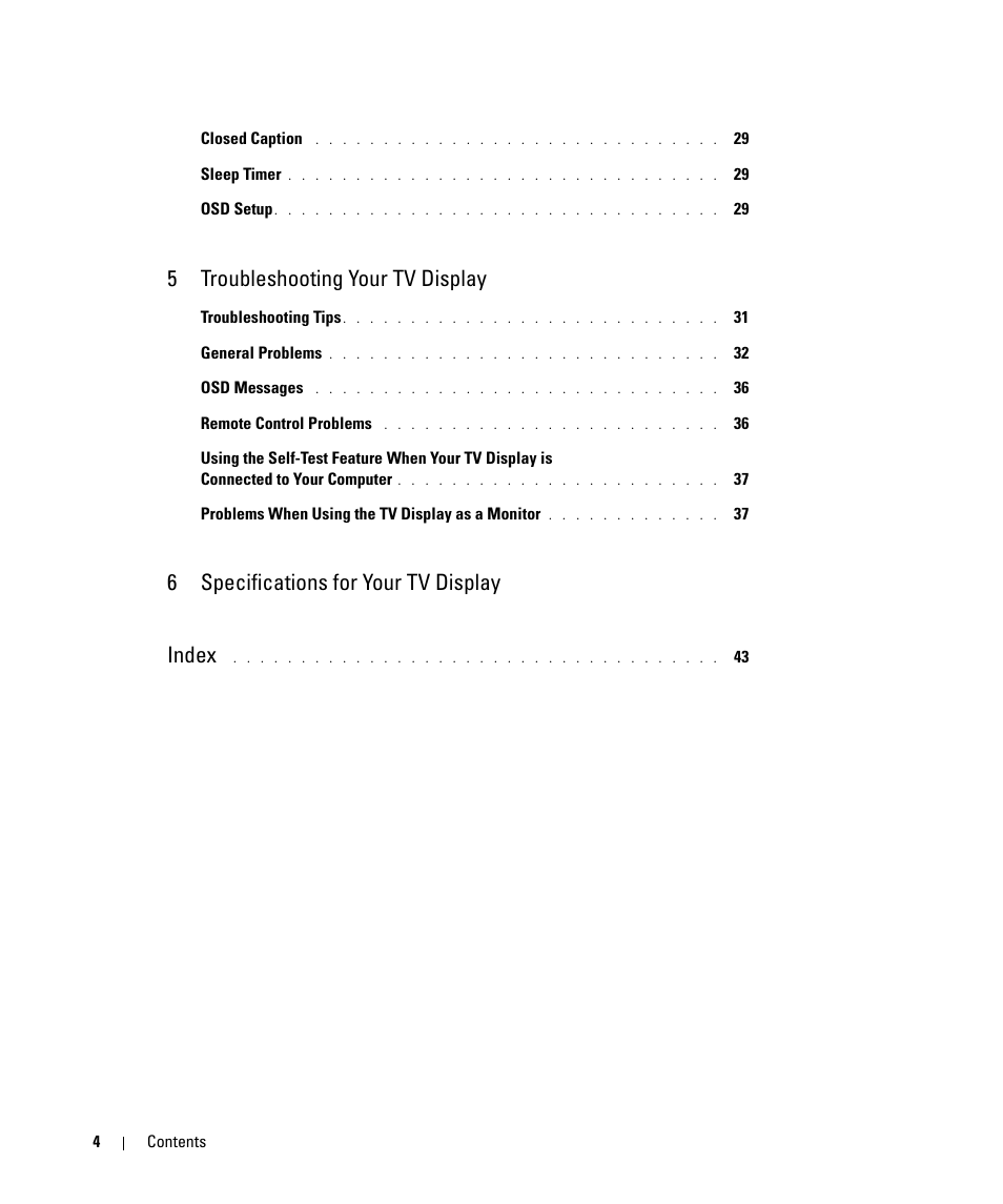 5 troubleshooting your tv display, 6 specifications for your tv display index | Dell W1900 User Manual | Page 4 / 44