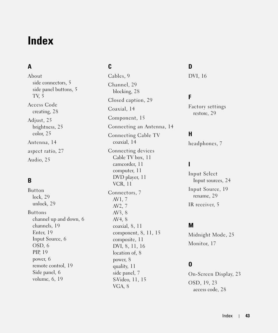 Index | Dell W1900 User Manual | Page 43 / 44