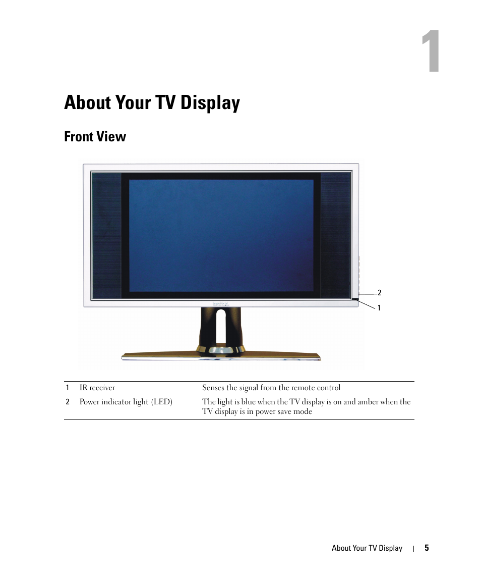 About your tv display, Front view, 1 about your tv display | Dell W1900 User Manual | Page 5 / 44