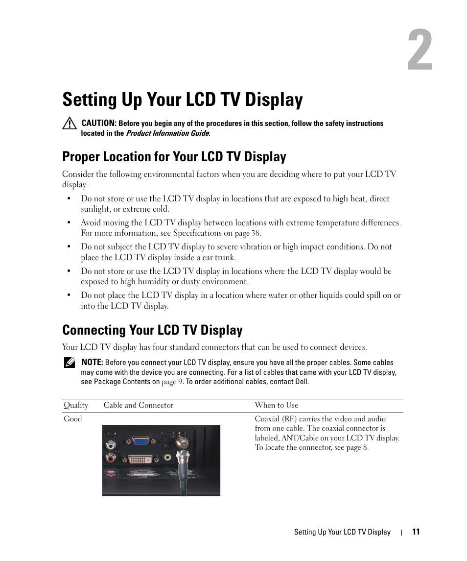 Setting up your lcd tv display, Proper location for your lcd tv display, Connecting your lcd tv display | 2 setting up your lcd tv display | Dell LCD TV W2606C User Manual | Page 11 / 60