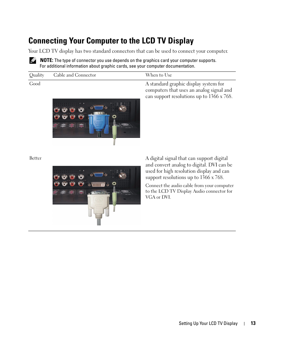 Connecting your computer to the lcd tv display | Dell LCD TV W2606C User Manual | Page 13 / 60