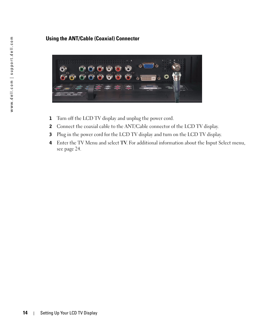 Using the ant/cable (coaxial) connector | Dell LCD TV W2606C User Manual | Page 14 / 60