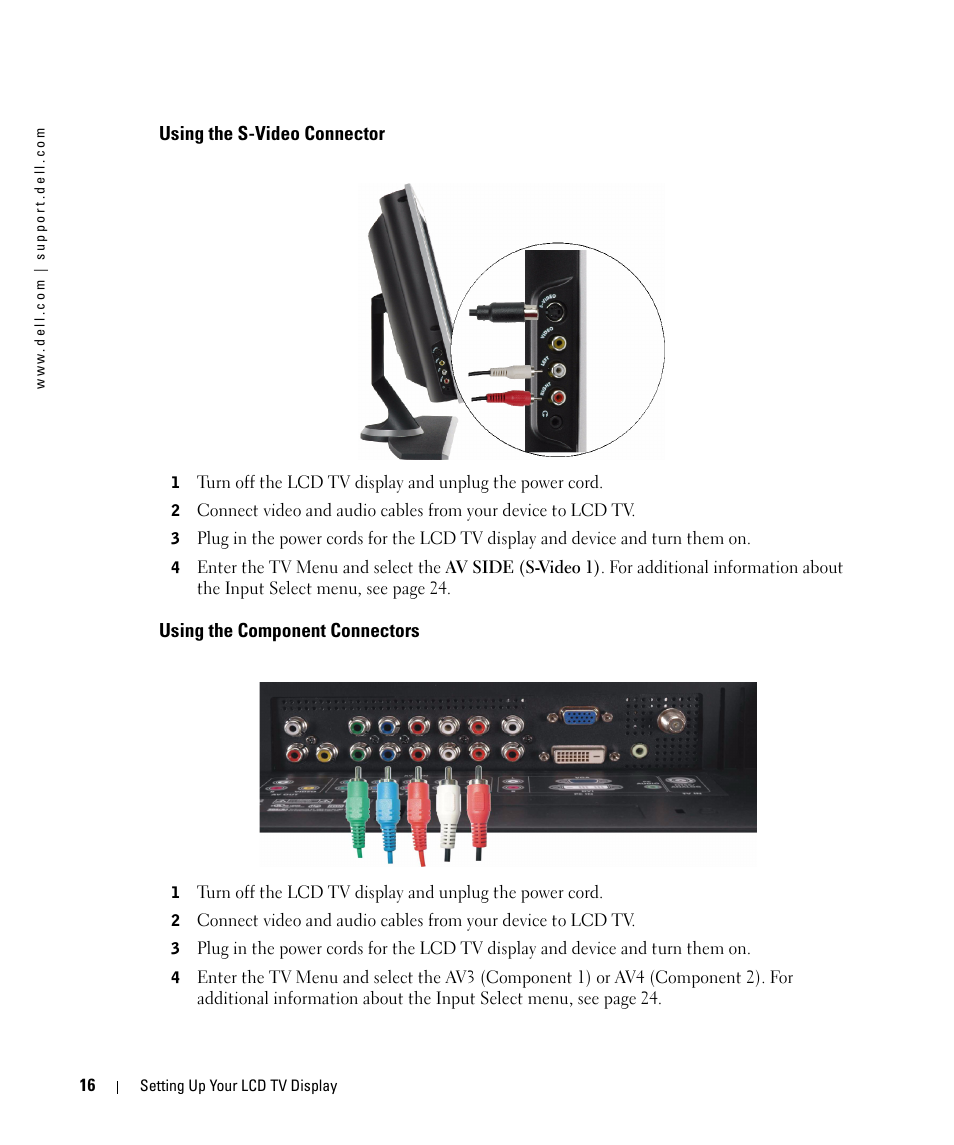 Using the s-video connector, Using the component connectors | Dell LCD TV W2606C User Manual | Page 16 / 60