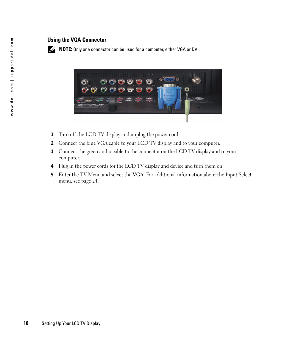 Using the vga connector | Dell LCD TV W2606C User Manual | Page 18 / 60