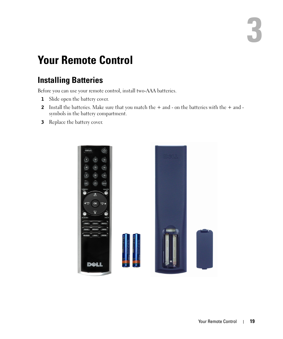 Your remote control, Installing batteries, 3 your remote control | Dell LCD TV W2606C User Manual | Page 19 / 60