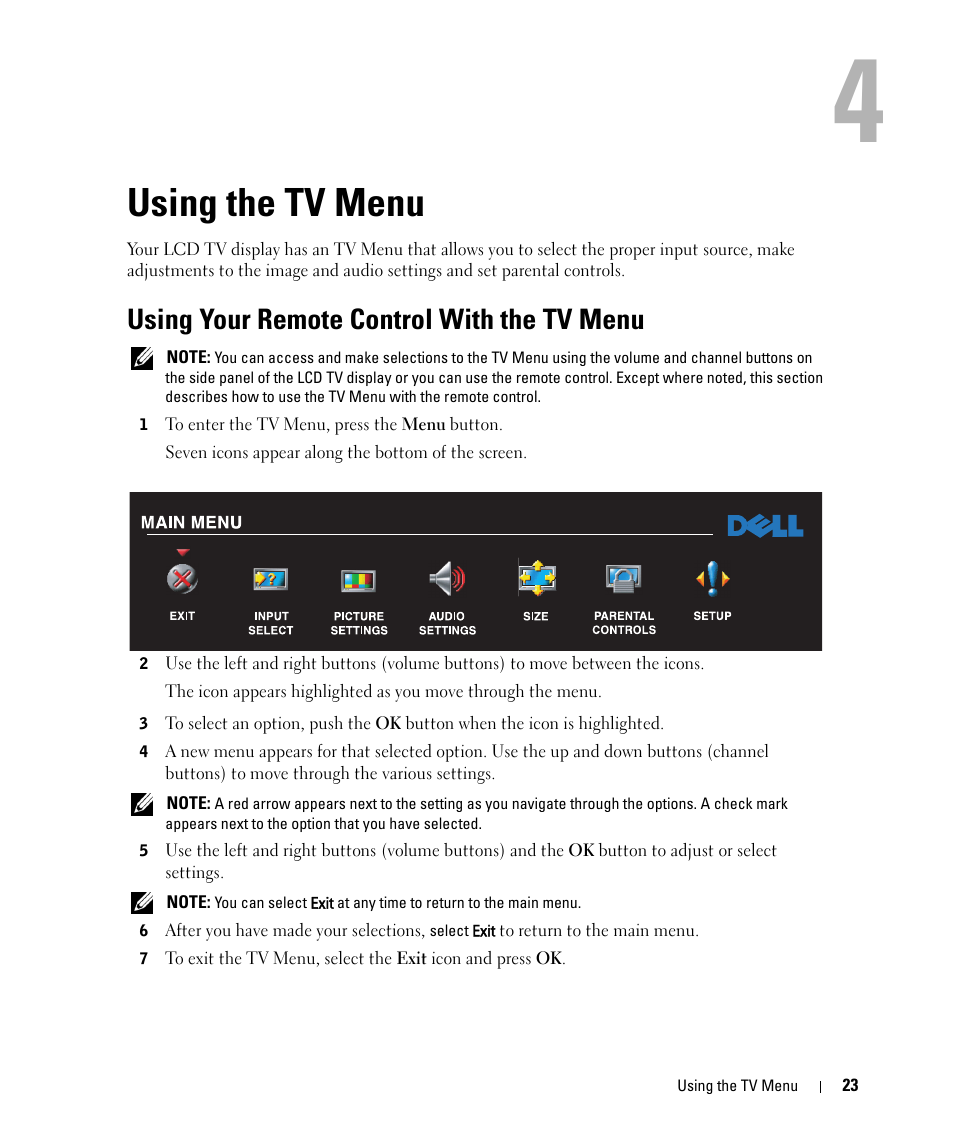 Using the tv menu, Using your remote control with the tv menu, 4 using the tv menu | Dell LCD TV W2606C User Manual | Page 23 / 60