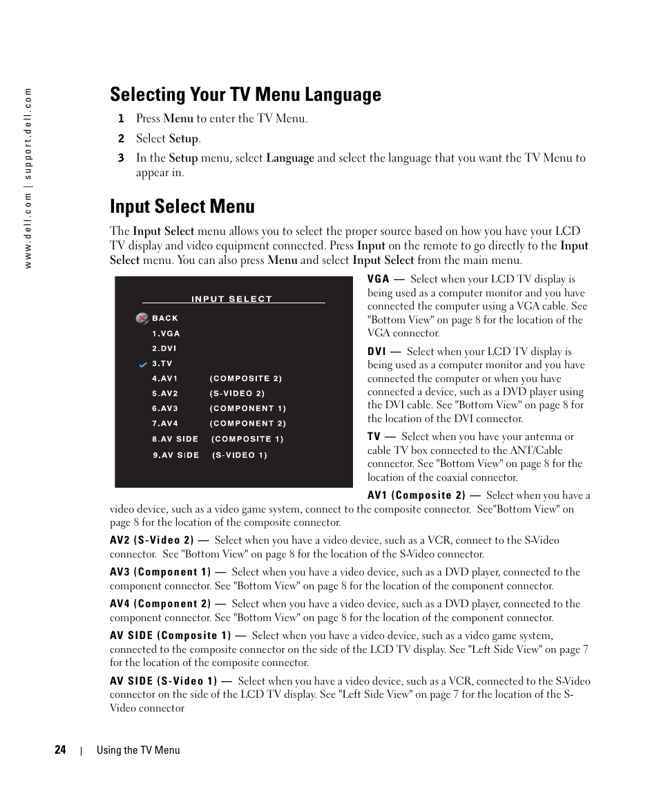 Selecting your tv menu language, Input select menu | Dell LCD TV W2606C User Manual | Page 24 / 60