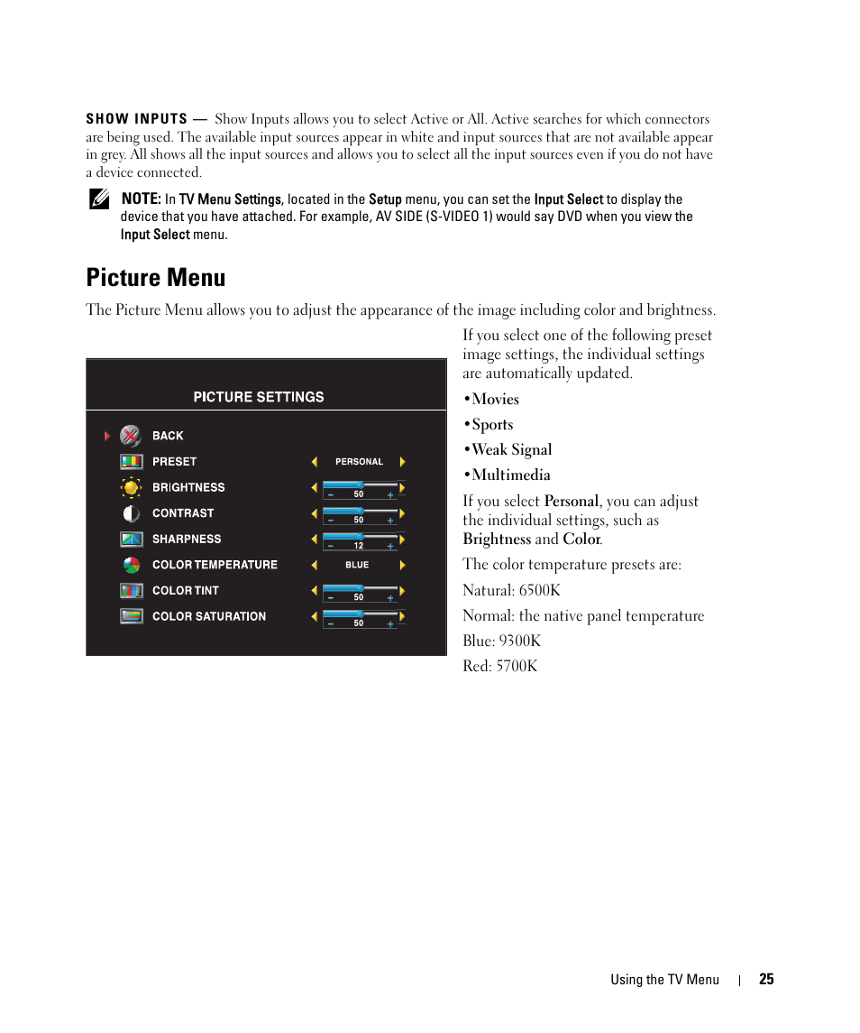 Picture menu | Dell LCD TV W2606C User Manual | Page 25 / 60