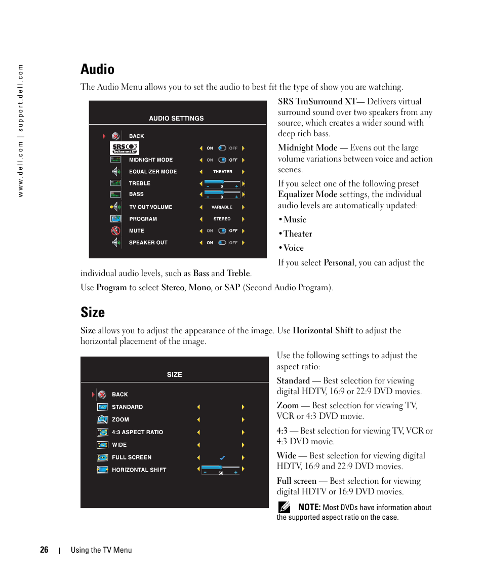 Audio, Size | Dell LCD TV W2606C User Manual | Page 26 / 60