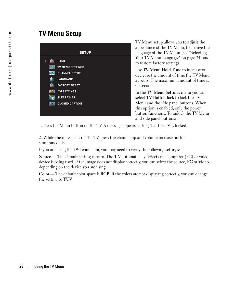 Tv menu setup | Dell LCD TV W2606C User Manual | Page 28 / 60