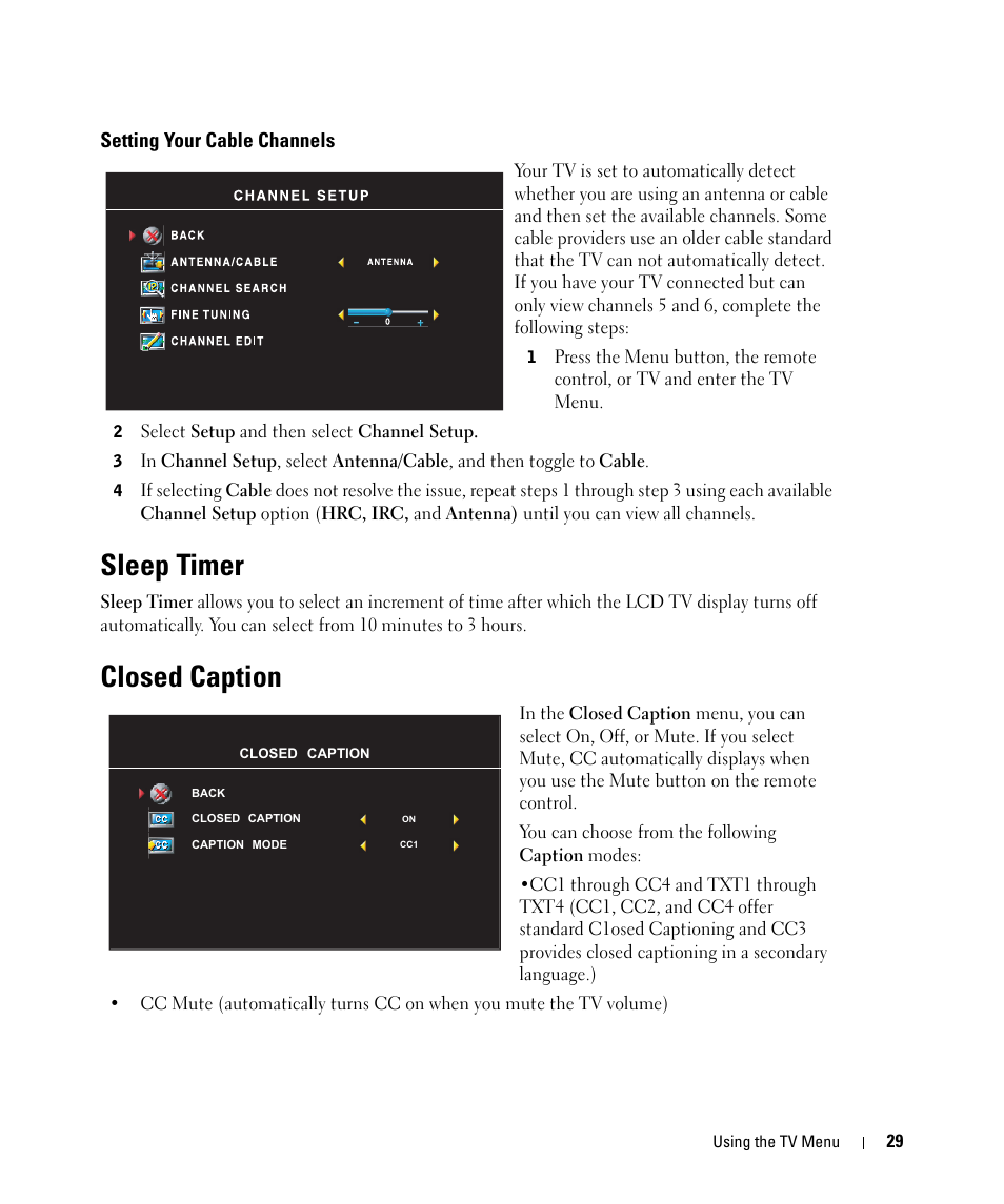 Sleep timer, Closed caption | Dell LCD TV W2606C User Manual | Page 29 / 60