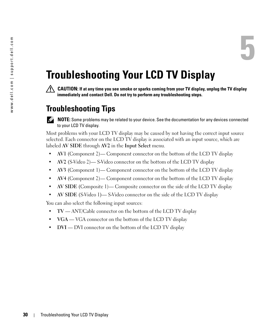 Troubleshooting your lcd tv display, Troubleshooting tips, 5 troubleshooting your lcd tv display | Dell LCD TV W2606C User Manual | Page 30 / 60