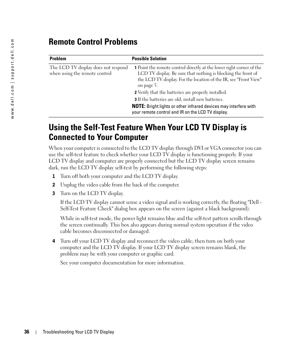 Remote control problems | Dell LCD TV W2606C User Manual | Page 36 / 60