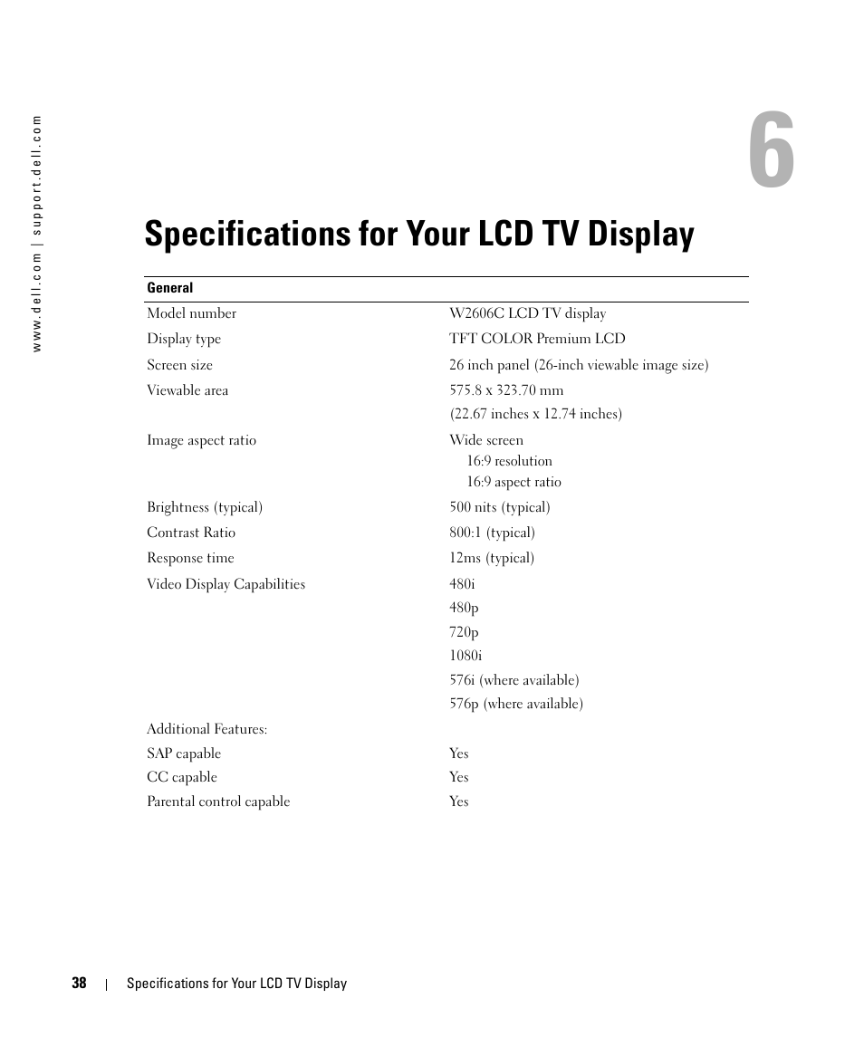 Specifications for your lcd tv display, 6 specifications for your lcd tv display | Dell LCD TV W2606C User Manual | Page 38 / 60