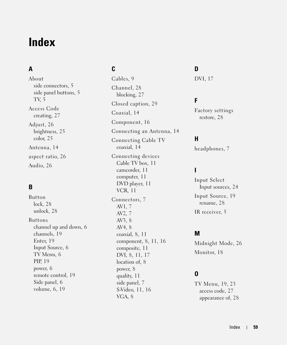 Index | Dell LCD TV W2606C User Manual | Page 59 / 60