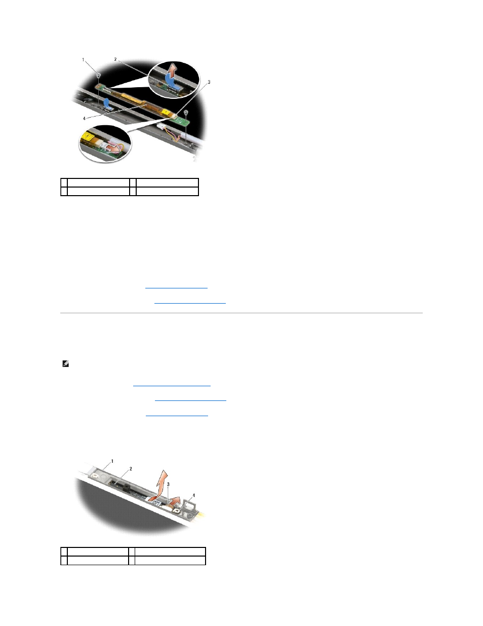 Removing the camera and microphone assembly, Replacing the display inverter | Dell Latitude E6500 (Mid 2008) User Manual | Page 25 / 72
