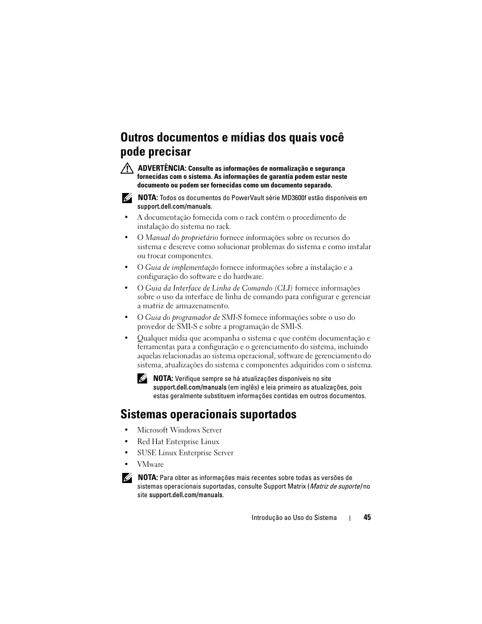 Sistemas operacionais suportados | Dell POWERVAULT MD3620F User Manual | Page 47 / 90