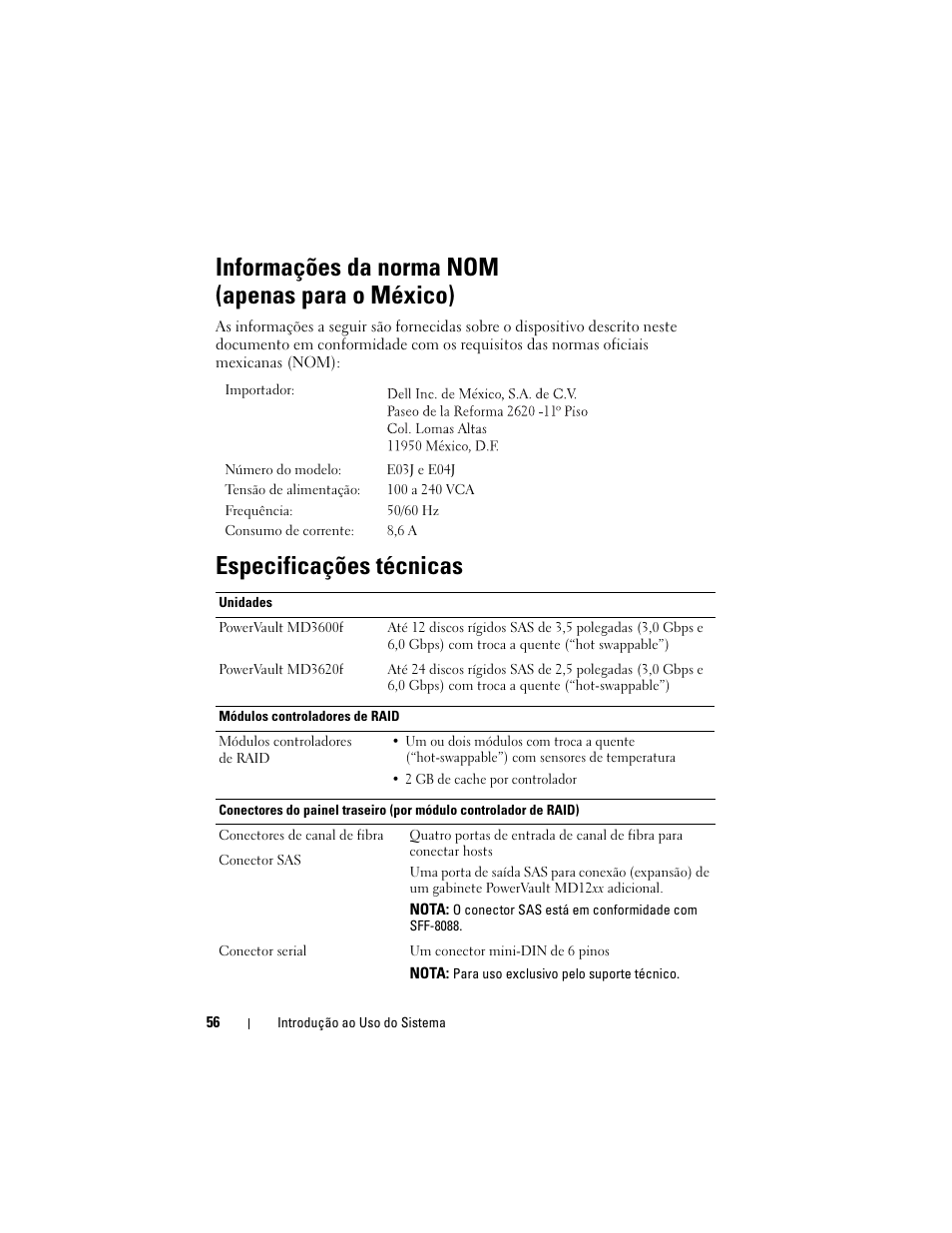 Informações da norma nom (apenas para o méxico), Especificações técnicas | Dell POWERVAULT MD3620F User Manual | Page 58 / 90