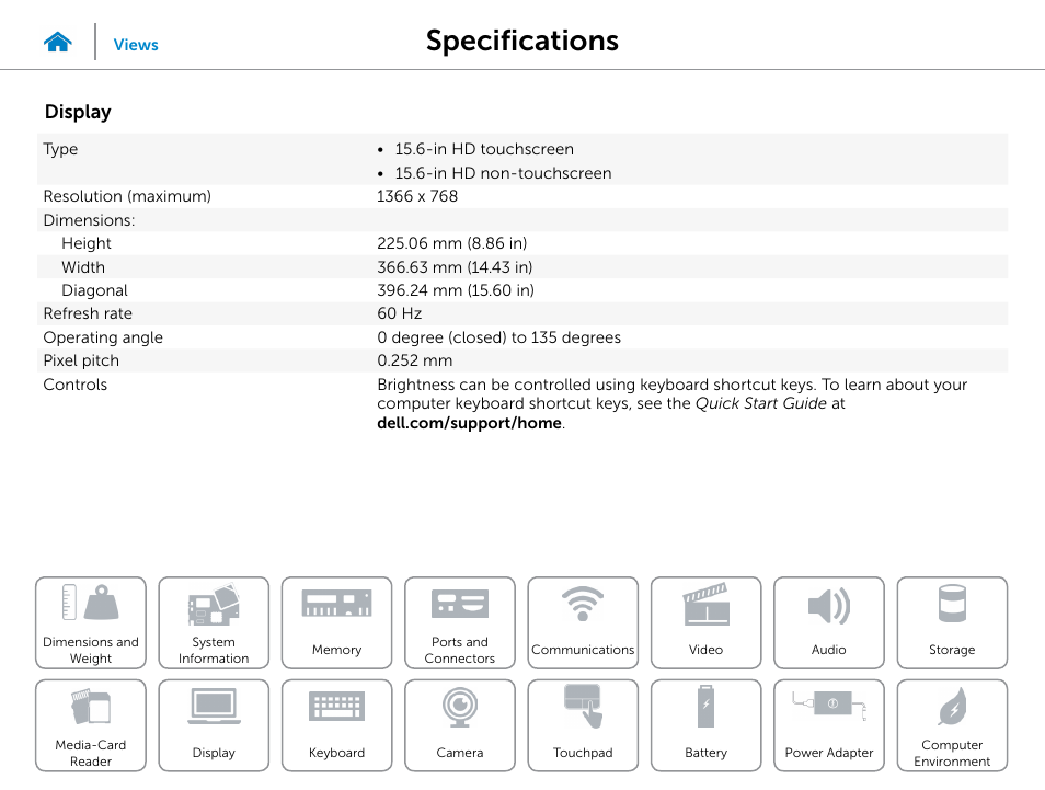 Display, Specifications | Dell Inspiron 15 (3541, Mid 2014) User Manual | Page 16 / 22